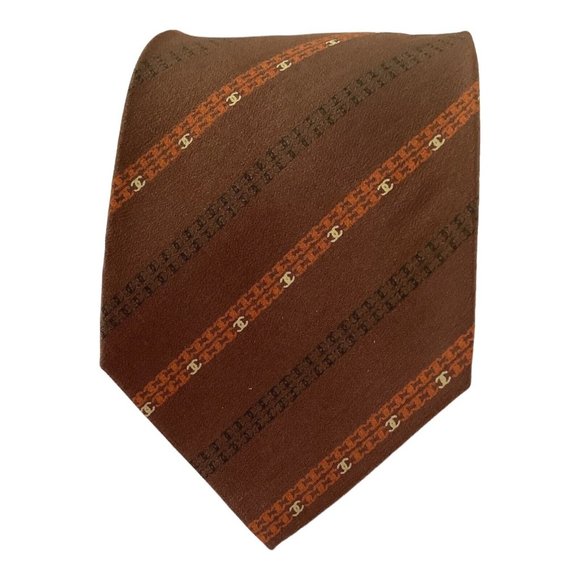 CHANEL PARIS Brown Striped Monogrammed Silk Tie Made In Italy 56"-3" EX COND - Picture 1 of 6